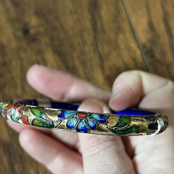 Vintage Cloisonné Blue Gold Floral Motif Enamel Hinged Bangle Bracelet - Picture 5 of 16